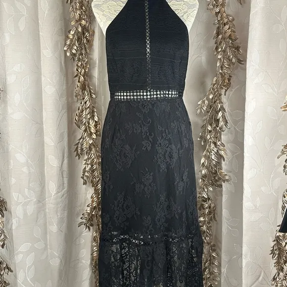 ABS by Allen Schwartz Black Lace Midi Dress | Size 12 | Gothic Glam