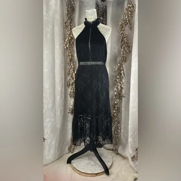ABS by Allen Schwartz Black Lace Midi Dress | Size 12 | Gothic Glam