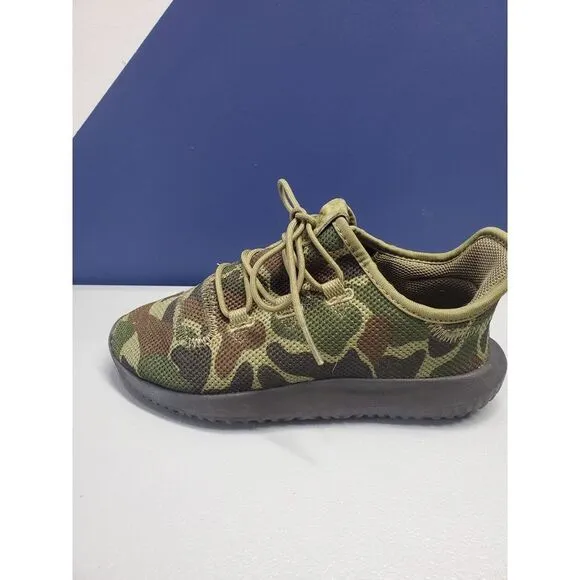 adidas Tubular Shadow Sneakers Kids Size 3‎ Green Camo Knit Athletic Lace Up