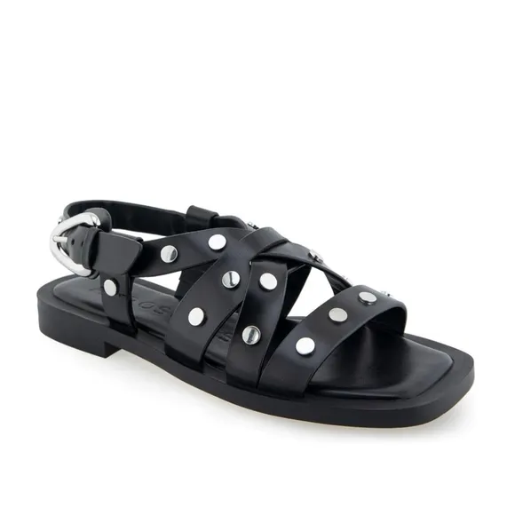 Aerosoles Black Leather Studded Square Toe Strappy Sandals NWT