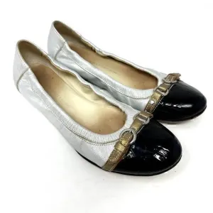 AGL Italian Leather Silver and Black Faux Buckle Ballet Flats Size 38 / 8