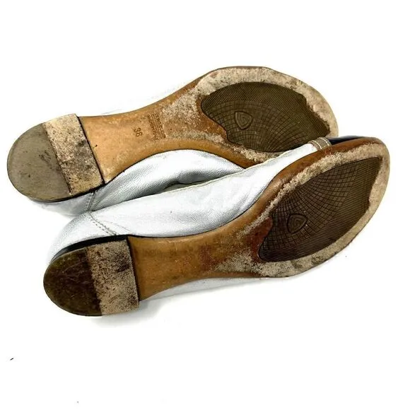 AGL Italian Leather Silver and Black Faux Buckle Ballet Flats Size 38 / 8