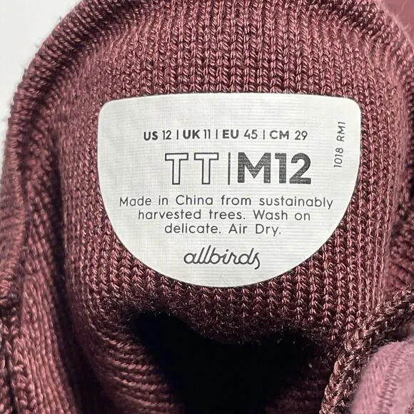 Allbirds Tree Toppers High Top Sneakers TT Men’s US 12 Burgundy Red Knit Lace Up