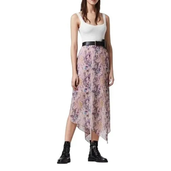 AllSaints Women Midi Skirt Rhea Masala Snake Print Crepe Mink Pink Size 6