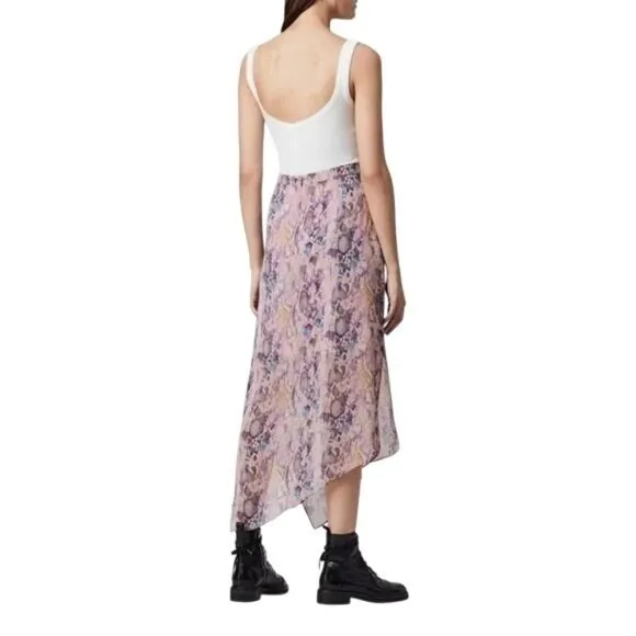 AllSaints Women Midi Skirt Rhea Masala Snake Print Crepe Mink Pink Size 6