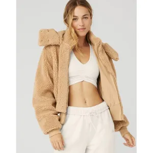 Alo Foxy Sherpa Jacket Camel Fuzzy Teddy Faux Shearling Fur Caramel Tan Coat XS