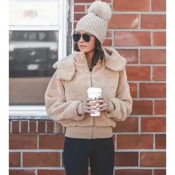 Alo Foxy Sherpa Jacket Camel Fuzzy Teddy Faux Shearling Fur Caramel Tan Coat XS