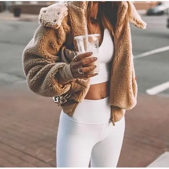 Alo Foxy Sherpa Jacket Camel Fuzzy Teddy Faux Shearling Fur Caramel Tan Coat XS
