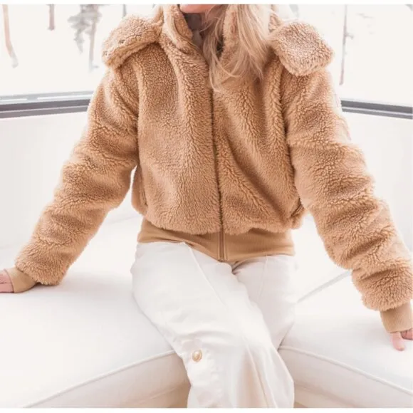 Alo Foxy Sherpa Jacket Camel Fuzzy Teddy Faux Shearling Fur Caramel Tan Coat XS
