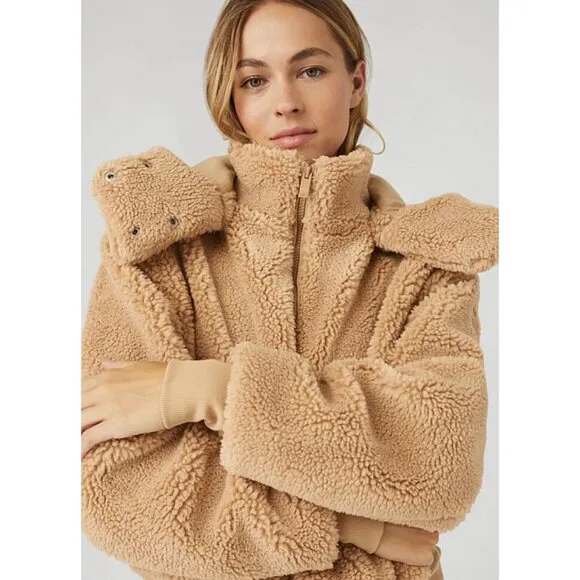 Alo Foxy Sherpa Jacket Camel Fuzzy Teddy Faux Shearling Fur Caramel Tan Coat XS