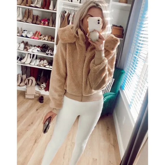 Alo Foxy Sherpa Jacket Camel Fuzzy Teddy Faux Shearling Fur Caramel Tan Coat XS