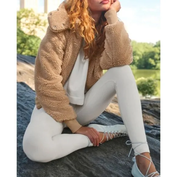 Alo Foxy Sherpa Jacket Camel Fuzzy Teddy Faux Shearling Fur Caramel Tan Coat XS
