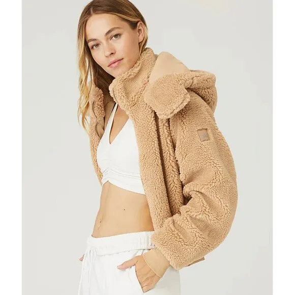 Alo Foxy Sherpa Jacket Camel Fuzzy Teddy Faux Shearling Fur Caramel Tan Coat XS
