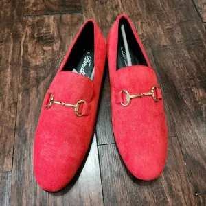 Amali Bradford Mens 9.5 Red Microfiber Smoking Slip-On Loafer Gold Metal Bit