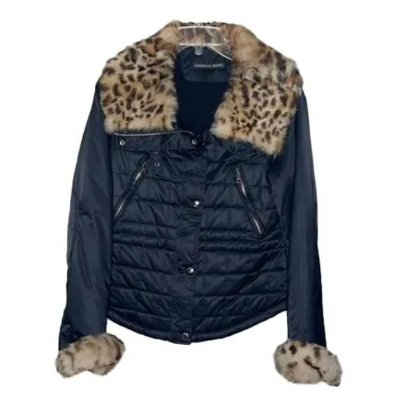 🦋ANDREW MARC Thermore Black PufferJacket W/Faux Leopard Fur at Collar and Cuffs