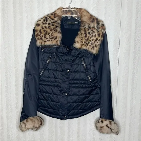 🦋ANDREW MARC Thermore Black PufferJacket W/Faux Leopard Fur at Collar and Cuffs