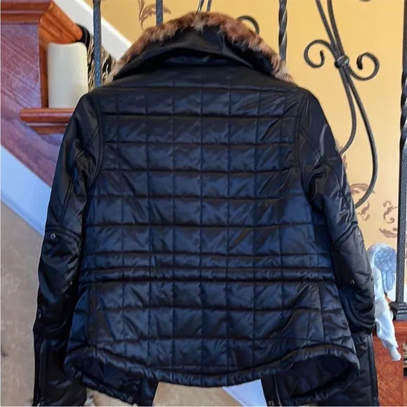 🦋ANDREW MARC Thermore Black PufferJacket W/Faux Leopard Fur at Collar and Cuffs