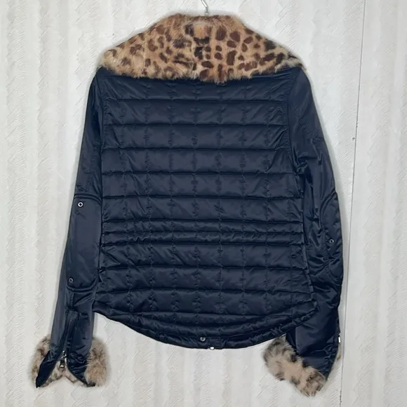 🦋ANDREW MARC Thermore Black PufferJacket W/Faux Leopard Fur at Collar and Cuffs