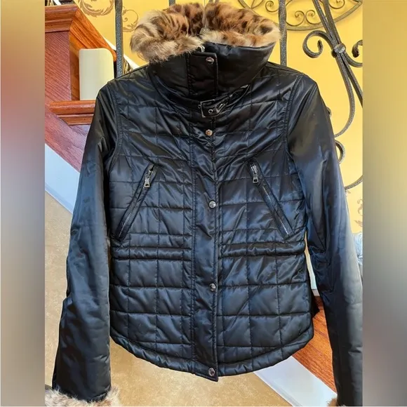 🦋ANDREW MARC Thermore Black PufferJacket W/Faux Leopard Fur at Collar and Cuffs