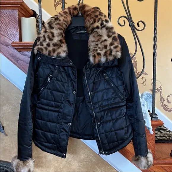 🦋ANDREW MARC Thermore Black PufferJacket W/Faux Leopard Fur at Collar and Cuffs