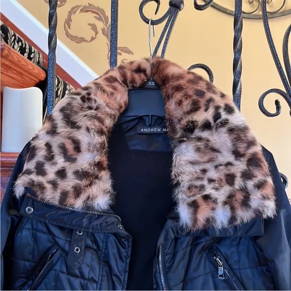 🦋ANDREW MARC Thermore Black PufferJacket W/Faux Leopard Fur at Collar and Cuffs