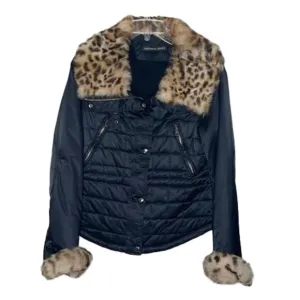 🦋ANDREW MARC Thermore Black PufferJacket W/Faux Leopard Fur at Collar and Cuffs
