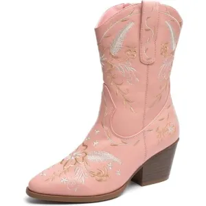 Anjoufemme Mid-Calf Booot Women Pink Polyurethane Embroidered Round-toe