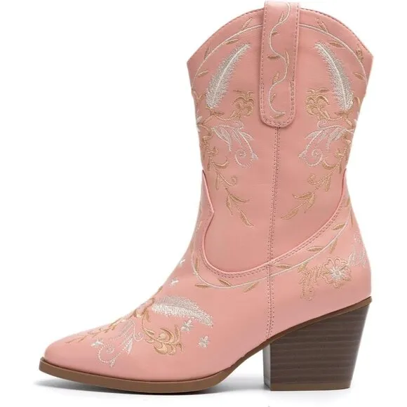 Anjoufemme Mid-Calf Booot Women Pink Polyurethane Embroidered Round-toe
