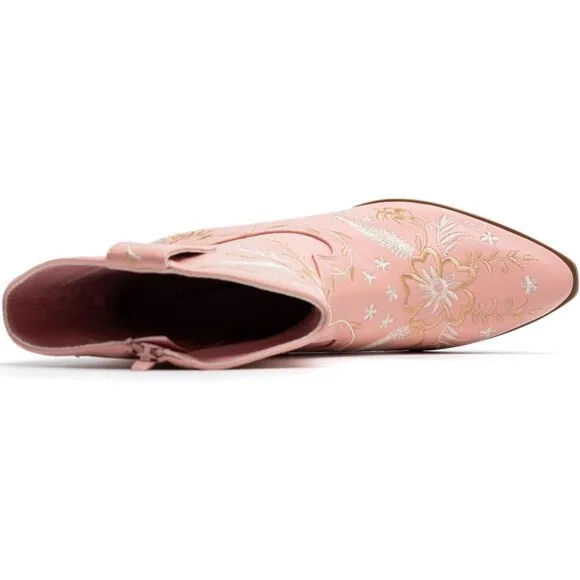 Anjoufemme Mid-Calf Booot Women Pink Polyurethane Embroidered Round-toe