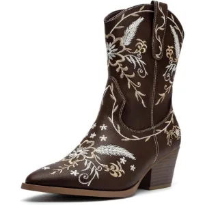 Anjoufemme Mid-Calf Boot Women Brown Embroidered Round-toe