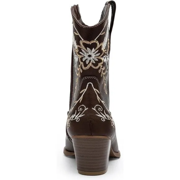Anjoufemme Mid-Calf Boot Women Brown Embroidered Round-toe