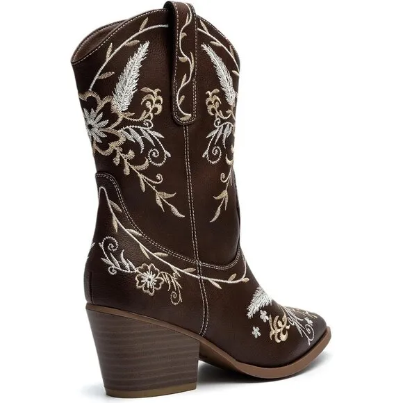 Anjoufemme Mid-Calf Boot Women Brown Embroidered Round-toe