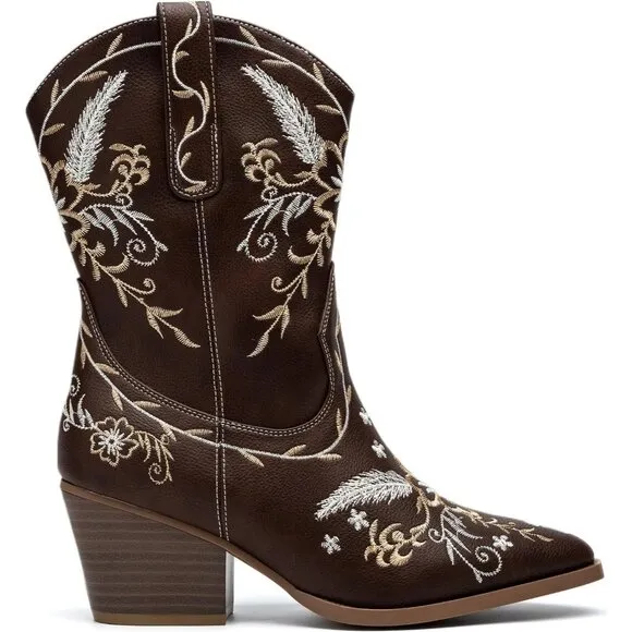 Anjoufemme Mid-Calf Boot Women Brown Embroidered Round-toe