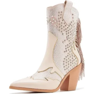 Ankle Boots for Women Apricot Rhinestone Boots  With Tassel