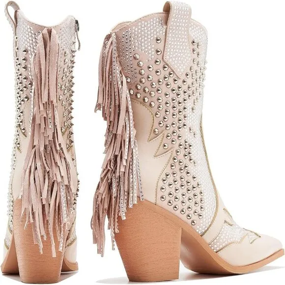 Ankle Boots for Women Apricot Rhinestone Boots  With Tassel