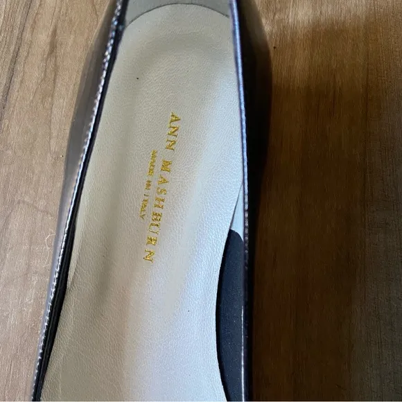 Ann Mashburn black patent leather faux tortoiseshell buckle pumps flats