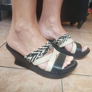 Anthropologie Leifsdottir wedge wooden platform slides woven leather Sandals 9