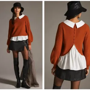 ANTHROPOLOGIE x MAEVE Textured Twofer Pullover Sweater Rust Brown Sz XS {3M21}
