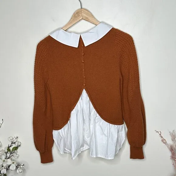 ANTHROPOLOGIE x MAEVE Textured Twofer Pullover Sweater Rust Brown Sz XS {3M21}