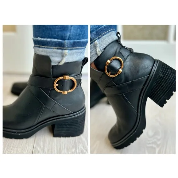 Aqua Sofft Boots Sz 9 Jenine Black Leather Chunky Heel Moto Water Resistant