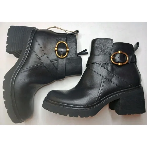Aqua Sofft Boots Sz 9 Jenine Black Leather Chunky Heel Moto Water Resistant