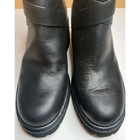 Aqua Sofft Boots Sz 9 Jenine Black Leather Chunky Heel Moto Water Resistant