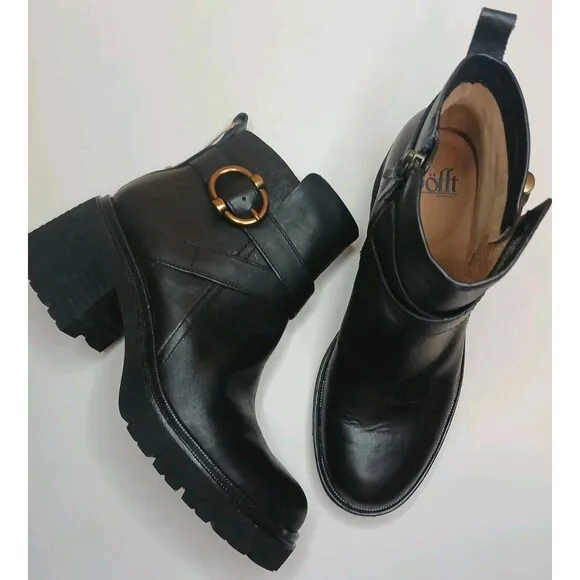 Aqua Sofft Boots Sz 9 Jenine Black Leather Chunky Heel Moto Water Resistant