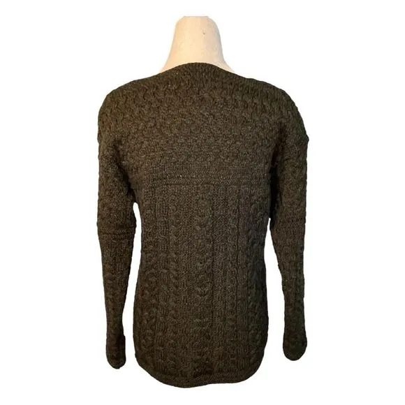 Aran Crafts Ireland Cable Knit Cardigan Sweater Green Merino Wool Button Front L
