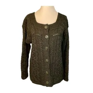 Aran Crafts Ireland Cable Knit Cardigan Sweater Green Merino Wool Button Front L