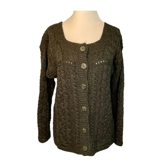 Aran Crafts Ireland Cable Knit Cardigan Sweater Green Merino Wool Button Front L