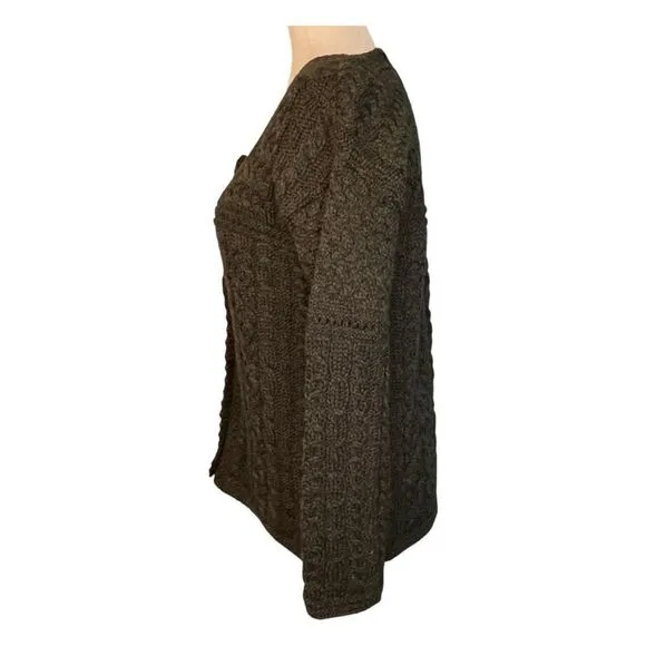 Aran Crafts Ireland Cable Knit Cardigan Sweater Green Merino Wool Button Front L