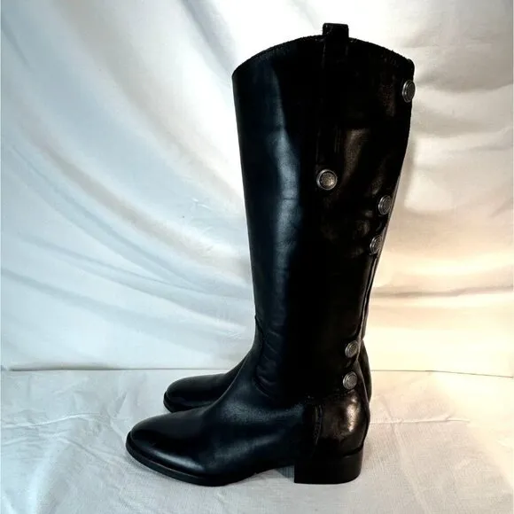 Arturo Chiang Black Riding Boots Leather Silver Button Embellished Pull On 7.5