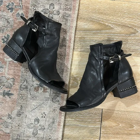 A.S.98 Morgan Leather Studded Strap Buckle Black Bootie Sandals