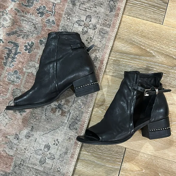 A.S.98 Morgan Leather Studded Strap Buckle Black Bootie Sandals